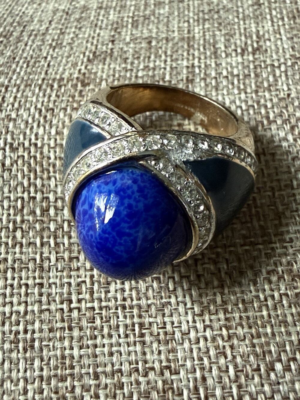 Vintage Cocktail Ring Faux Lapis Gold Tone Rhinestone Blue Size 7.5 Enamel